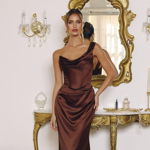 New Espresso One Shoulder Sheath Prom Soft Satin Gown w/ Drape Waistline CD T727 - Picture 8 of 10